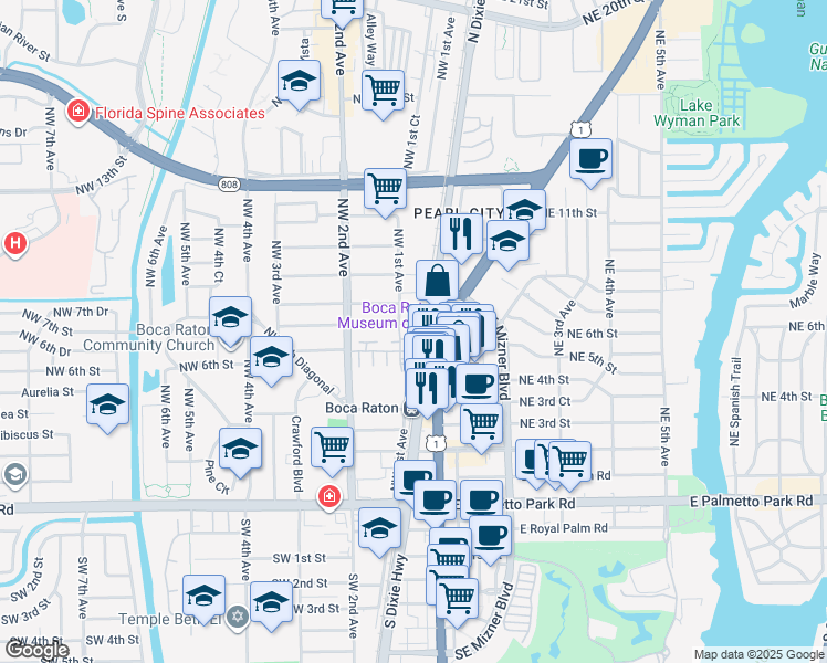 map of restaurants, bars, coffee shops, grocery stores, and more near 100 Northwest 7th Street in Boca Raton