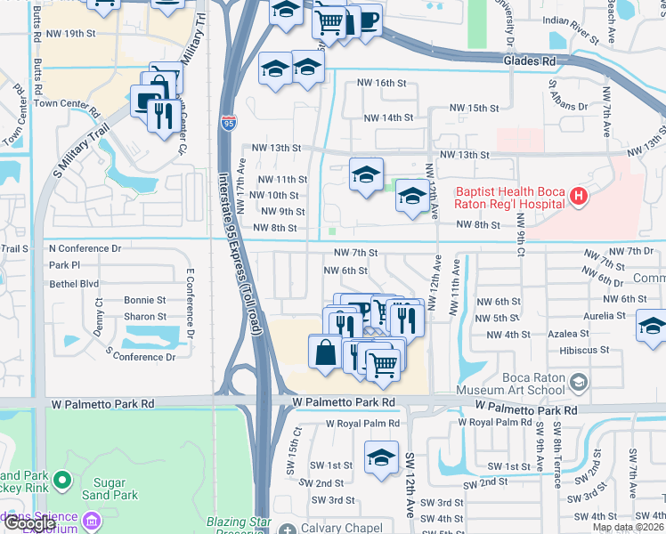 map of restaurants, bars, coffee shops, grocery stores, and more near 1399 Northwest 6th Street in Boca Raton