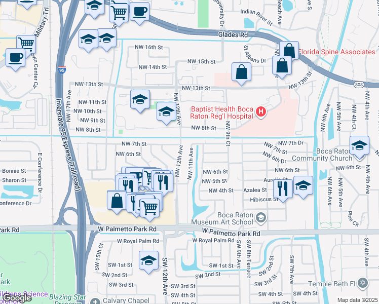 map of restaurants, bars, coffee shops, grocery stores, and more near 645 Northwest 11th Avenue in Boca Raton