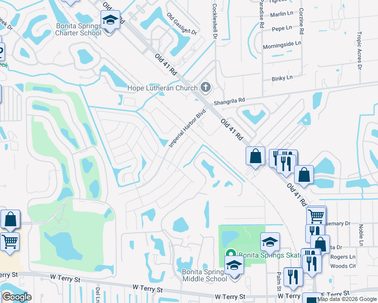 map of restaurants, bars, coffee shops, grocery stores, and more near 26154 Cabana Road in Bonita Springs