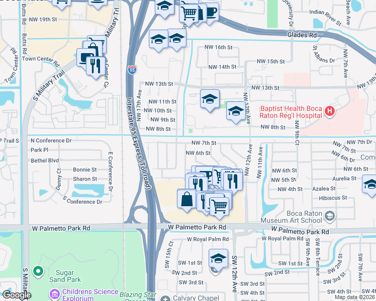 map of restaurants, bars, coffee shops, grocery stores, and more near 1399 Northwest 6th Street in Boca Raton