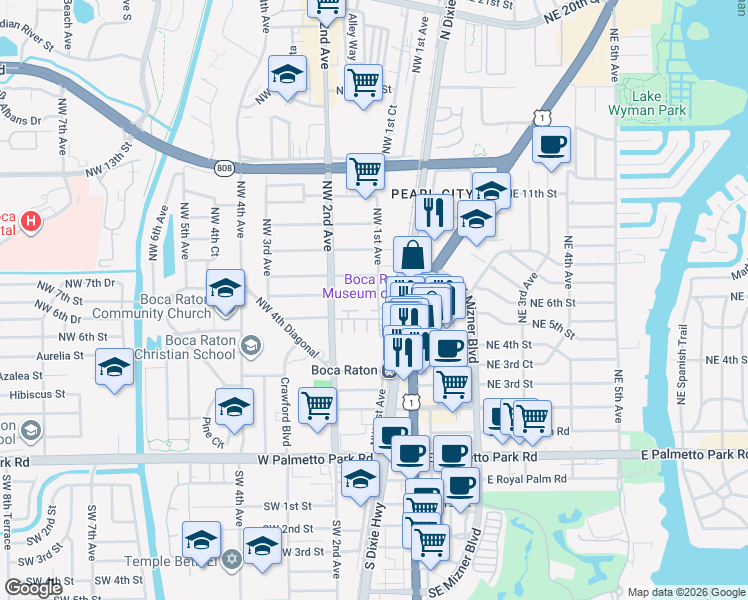 map of restaurants, bars, coffee shops, grocery stores, and more near 100 Northwest 7th Street in Boca Raton