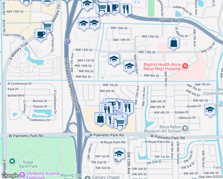 map of restaurants, bars, coffee shops, grocery stores, and more near 1315 Northwest 6th Street in Boca Raton