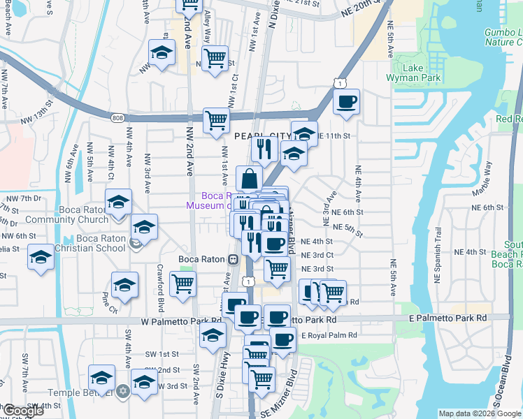 map of restaurants, bars, coffee shops, grocery stores, and more near 501 Plaza Real in Boca Raton