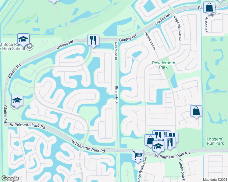 map of restaurants, bars, coffee shops, grocery stores, and more near 21545 North Sweetwater Lane in Boca Raton