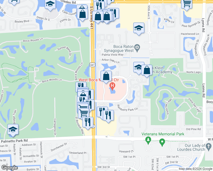map of restaurants, bars, coffee shops, grocery stores, and more near 9980 North Central Park Boulevard in Boca Raton