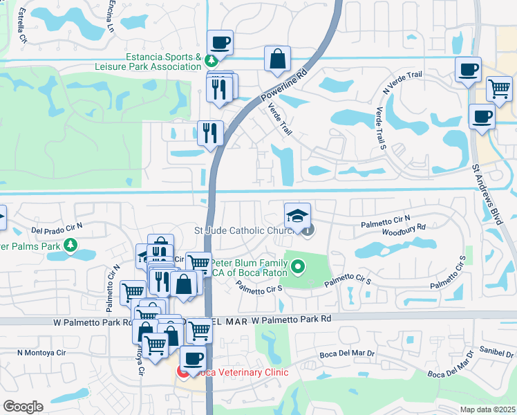 map of restaurants, bars, coffee shops, grocery stores, and more near 21560 Coronado Avenue in Boca Raton