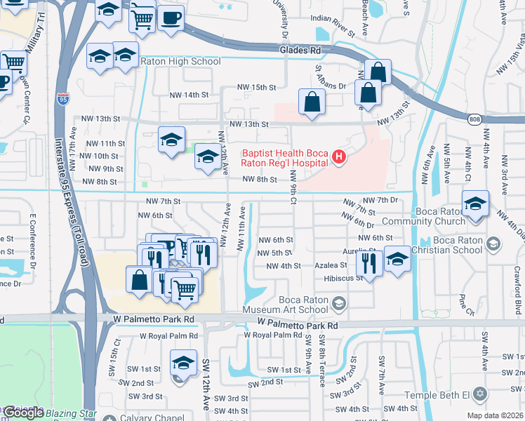 map of restaurants, bars, coffee shops, grocery stores, and more near 1057 Northwest 6th Drive in Boca Raton