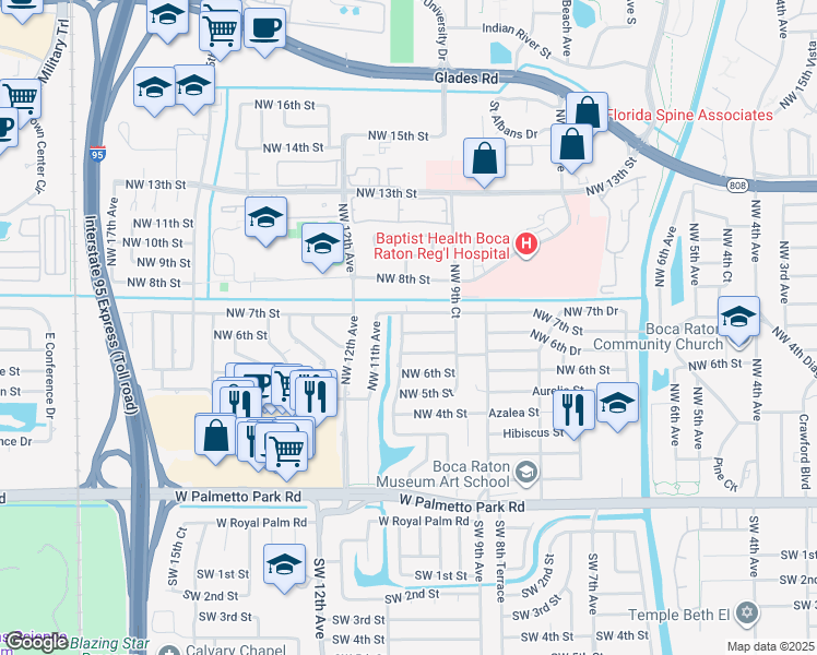 map of restaurants, bars, coffee shops, grocery stores, and more near 1057 Northwest 6th Drive in Boca Raton