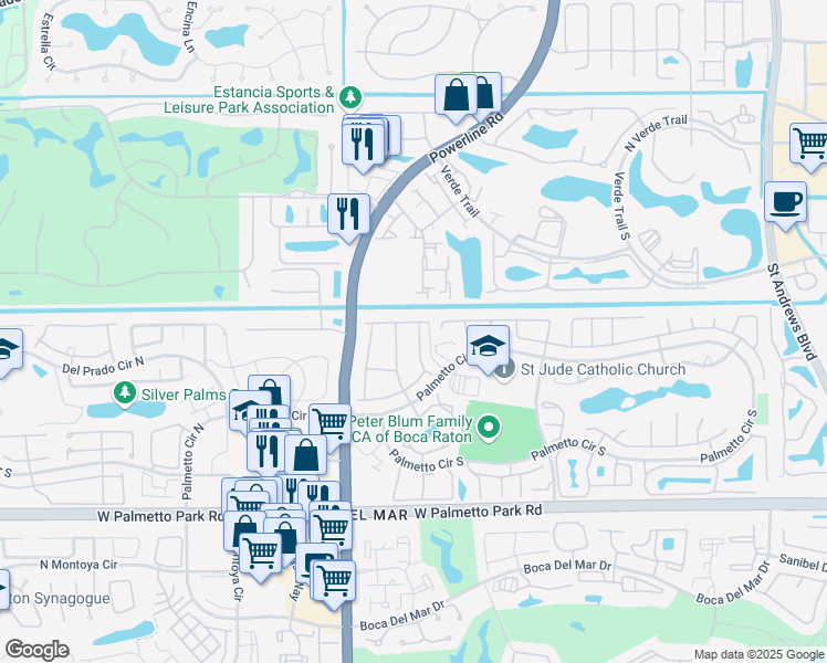 map of restaurants, bars, coffee shops, grocery stores, and more near 21555 Coronado Avenue in Boca Raton