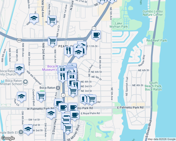 map of restaurants, bars, coffee shops, grocery stores, and more near 299 Northeast 6th Street in Boca Raton
