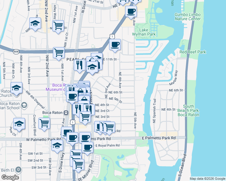 map of restaurants, bars, coffee shops, grocery stores, and more near 355 Northeast 6th Street in Boca Raton