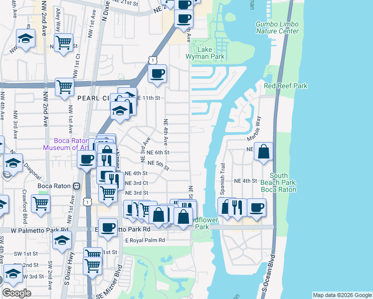 map of restaurants, bars, coffee shops, grocery stores, and more near 499 Northeast 6th Street in Boca Raton