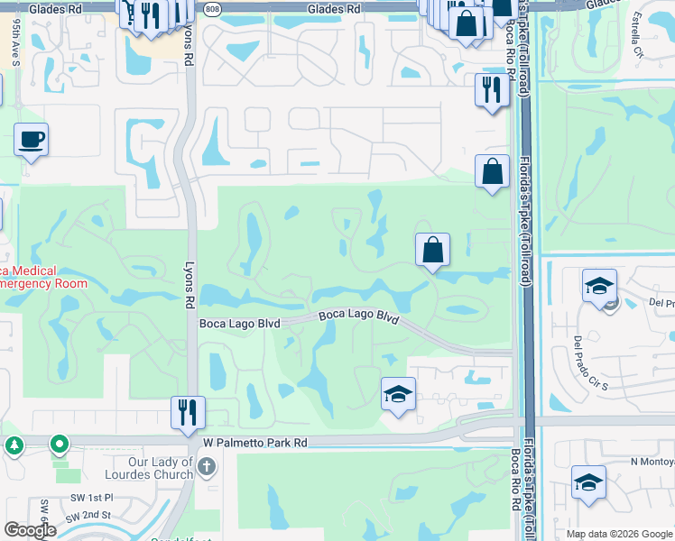 map of restaurants, bars, coffee shops, grocery stores, and more near 8450 Casa Del Lago in Boca Raton