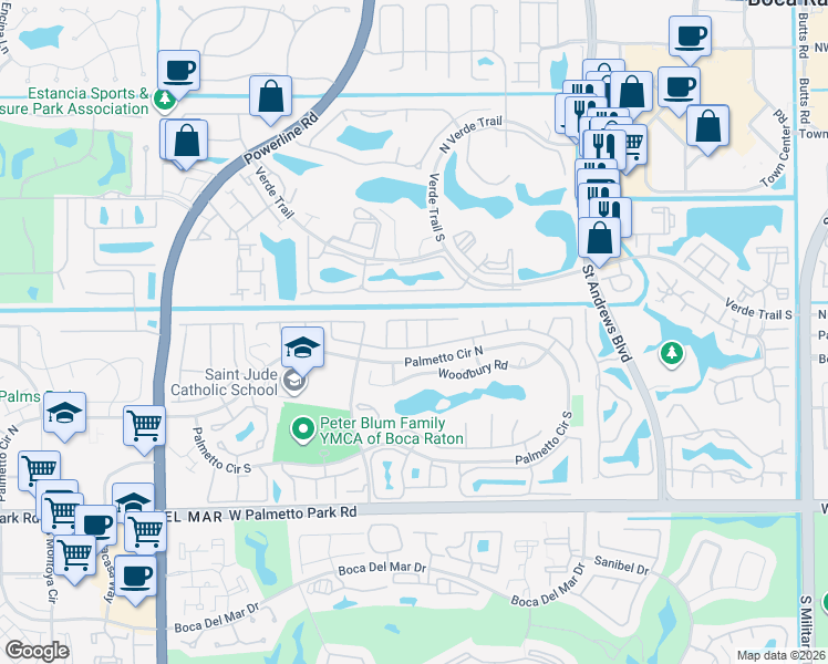 map of restaurants, bars, coffee shops, grocery stores, and more near 21566 Arbor Way in Boca Raton