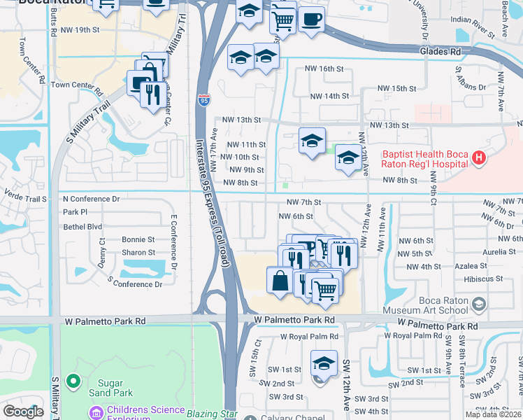 map of restaurants, bars, coffee shops, grocery stores, and more near 640 Northwest 15th Court in Boca Raton