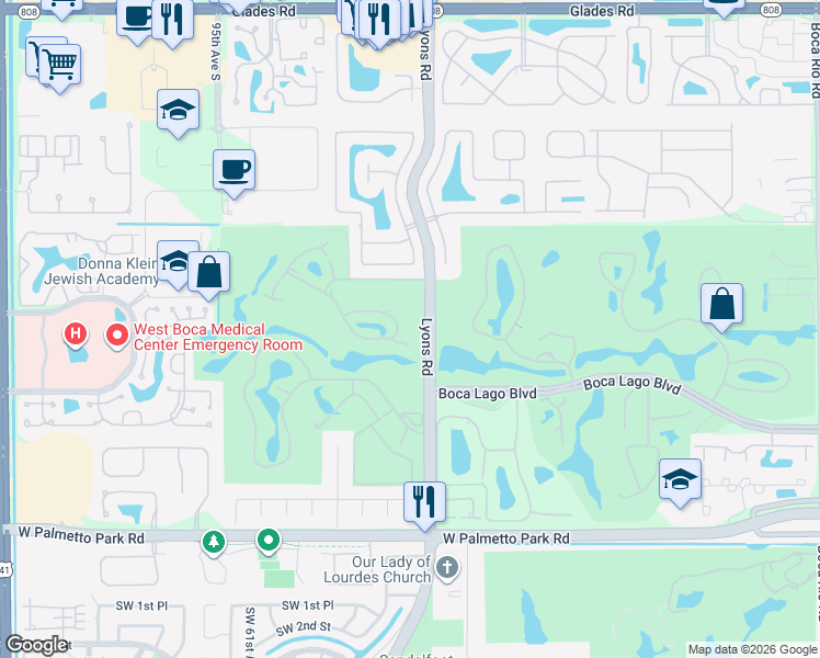 map of restaurants, bars, coffee shops, grocery stores, and more near 21601-21681 Lyons Road in Boca Raton