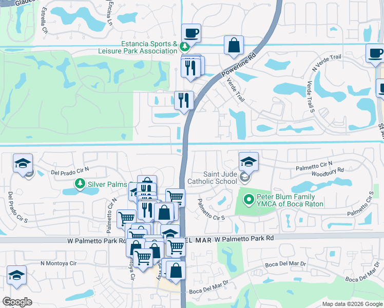 map of restaurants, bars, coffee shops, grocery stores, and more near 21560 Altamira Avenue in Boca Raton