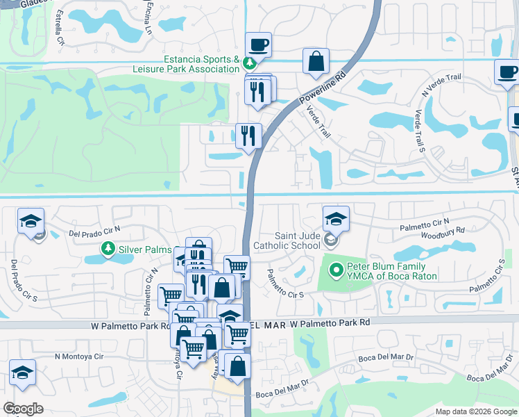 map of restaurants, bars, coffee shops, grocery stores, and more near 21560 Altamira Avenue in Boca Raton