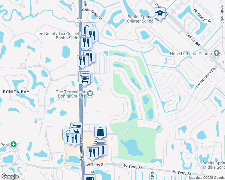 map of restaurants, bars, coffee shops, grocery stores, and more near 26367 Clarkston Drive in Bonita Springs