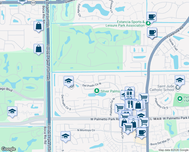 map of restaurants, bars, coffee shops, grocery stores, and more near 7654 Solimar Circle in Boca Raton