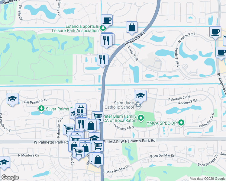 map of restaurants, bars, coffee shops, grocery stores, and more near 21560 Altamira Avenue in Boca Raton