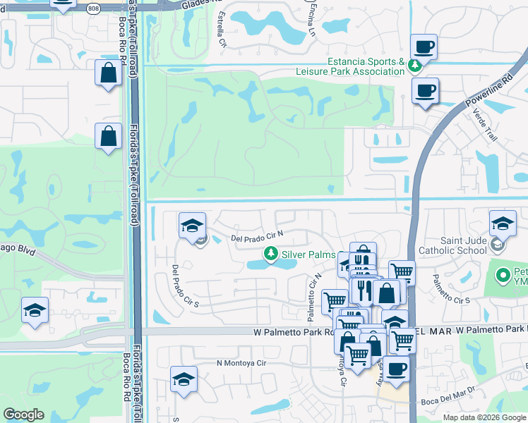 map of restaurants, bars, coffee shops, grocery stores, and more near 7654 Solimar Circle in Boca Raton