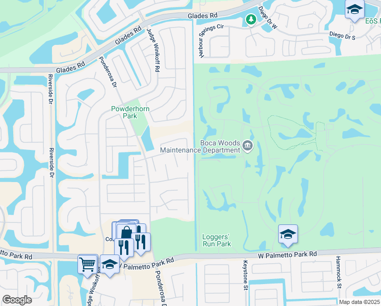 map of restaurants, bars, coffee shops, grocery stores, and more near 21465 Woodchuck Lane in Boca Raton
