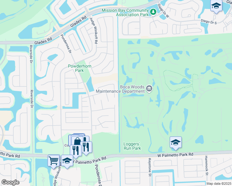 map of restaurants, bars, coffee shops, grocery stores, and more near 21465 Woodchuck Lane in Boca Raton