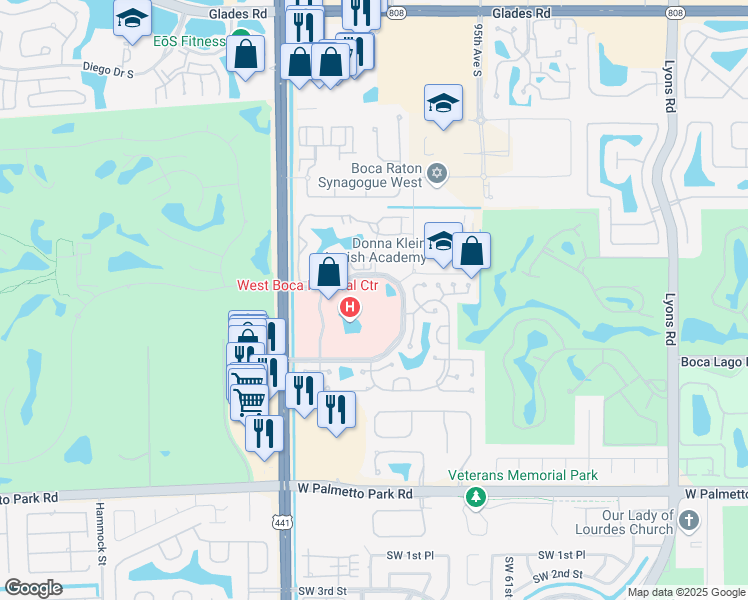 map of restaurants, bars, coffee shops, grocery stores, and more near 9700 North Central Park Boulevard in Boca Raton