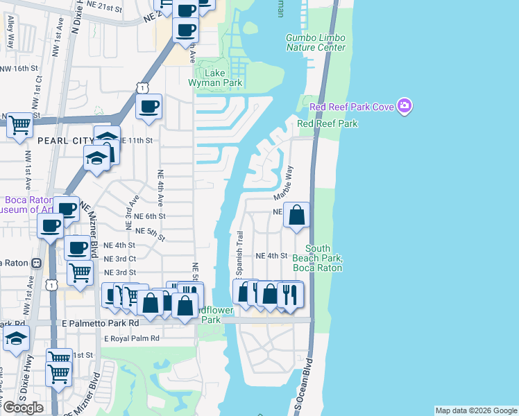 map of restaurants, bars, coffee shops, grocery stores, and more near 598 Northeast Olive Way in Boca Raton