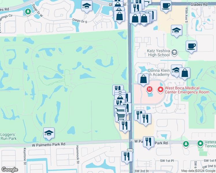 map of restaurants, bars, coffee shops, grocery stores, and more near 10214 Boca Woods Lane in Boca Raton