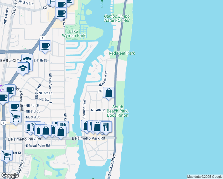 map of restaurants, bars, coffee shops, grocery stores, and more near 601 North Ocean Boulevard in Boca Raton