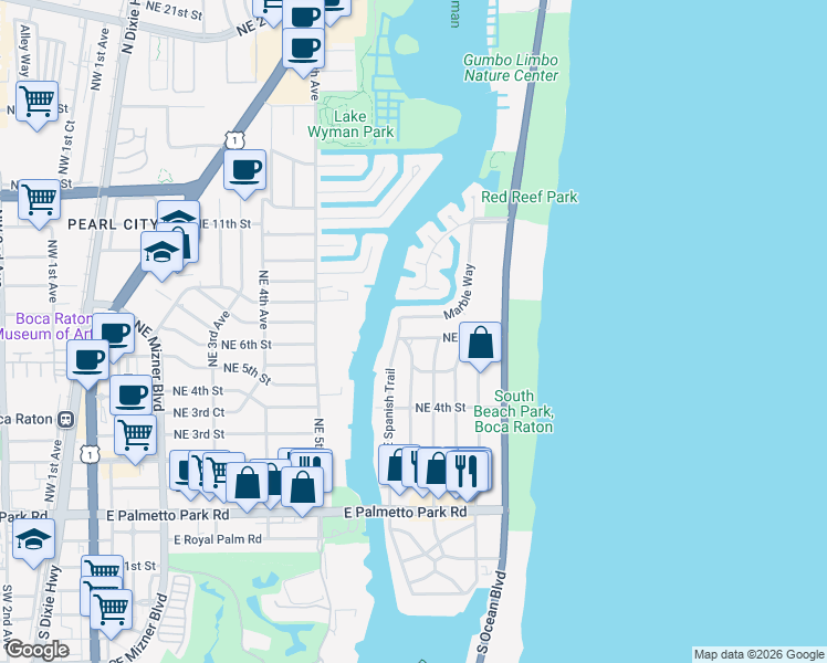 map of restaurants, bars, coffee shops, grocery stores, and more near 566 Northeast Spanish Trail in Boca Raton