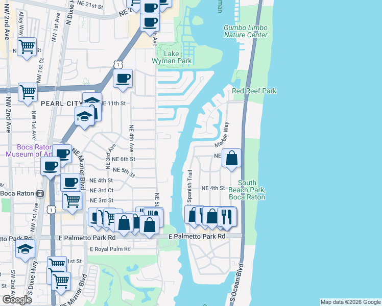 map of restaurants, bars, coffee shops, grocery stores, and more near 566 Northeast Spanish Trail in Boca Raton