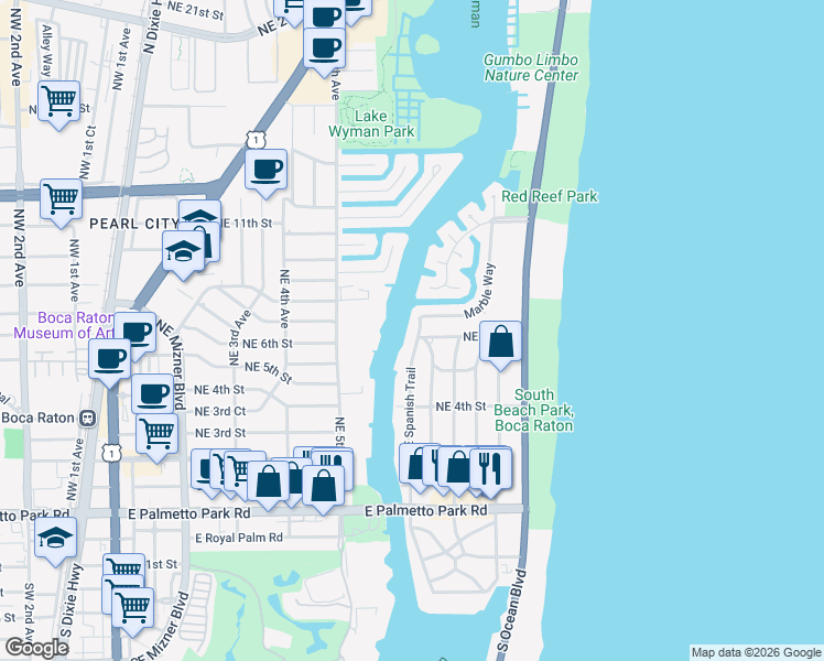 map of restaurants, bars, coffee shops, grocery stores, and more near 566 Northeast Spanish Trail in Boca Raton