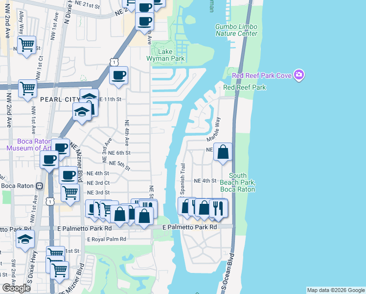 map of restaurants, bars, coffee shops, grocery stores, and more near 566 Northeast Spanish Trail in Boca Raton