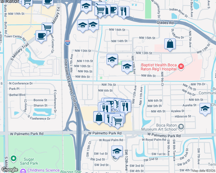 map of restaurants, bars, coffee shops, grocery stores, and more near 1315 Northwest 6th Street in Boca Raton