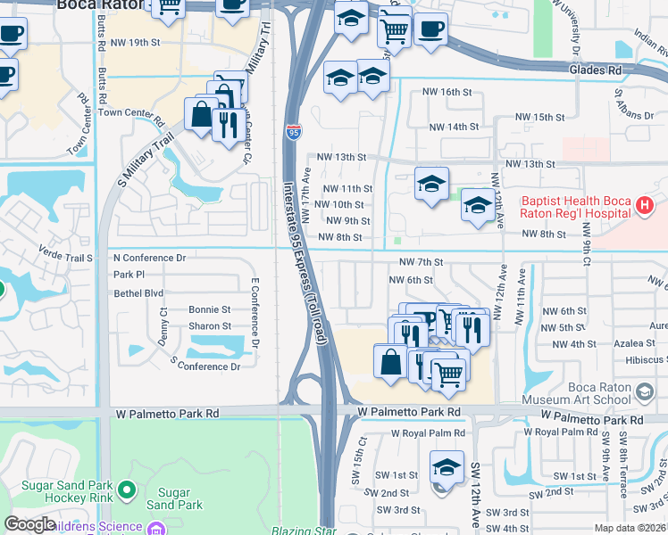 map of restaurants, bars, coffee shops, grocery stores, and more near 640 Northwest 16th Court in Boca Raton