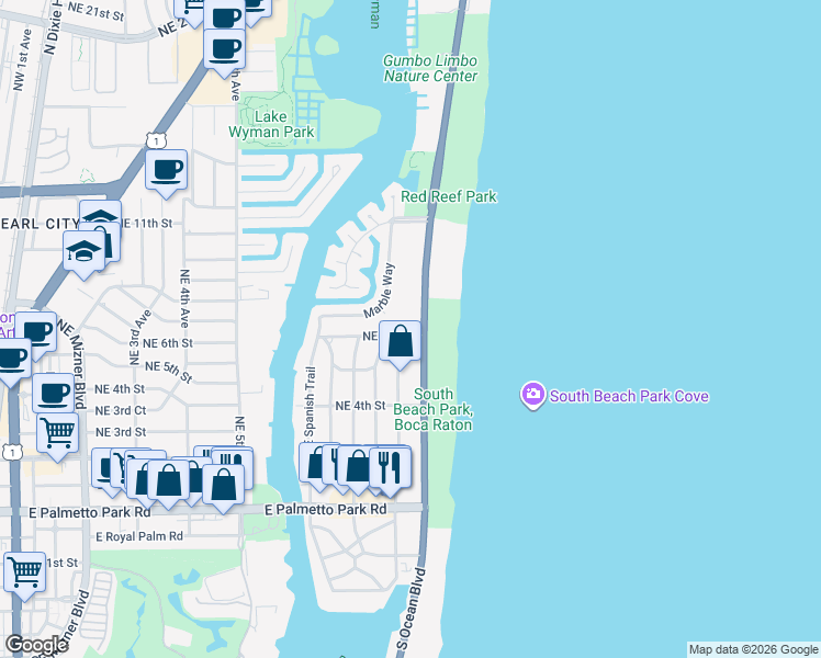 map of restaurants, bars, coffee shops, grocery stores, and more near 595 Northeast Wavecrest Way in Boca Raton