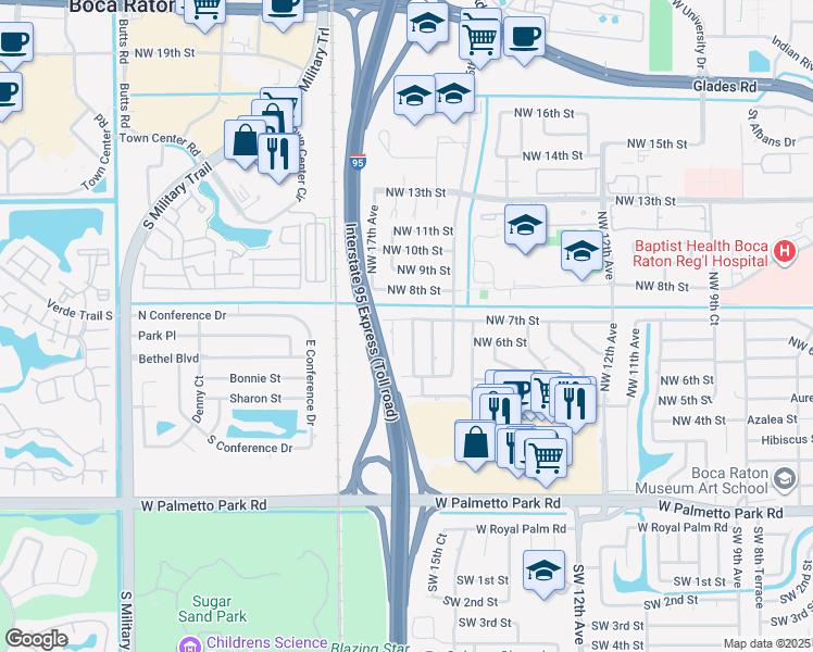map of restaurants, bars, coffee shops, grocery stores, and more near 640 Northwest 16th Court in Boca Raton