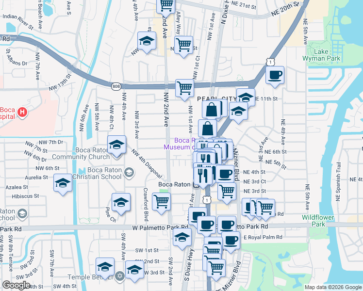 map of restaurants, bars, coffee shops, grocery stores, and more near 170 Northwest 7th Street in Boca Raton