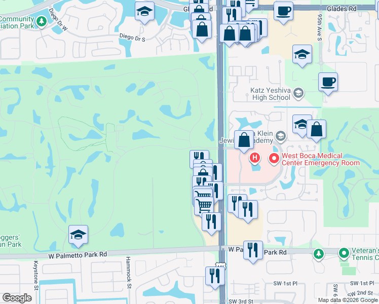 map of restaurants, bars, coffee shops, grocery stores, and more near 10214 Boca Woods Lane in Boca Raton