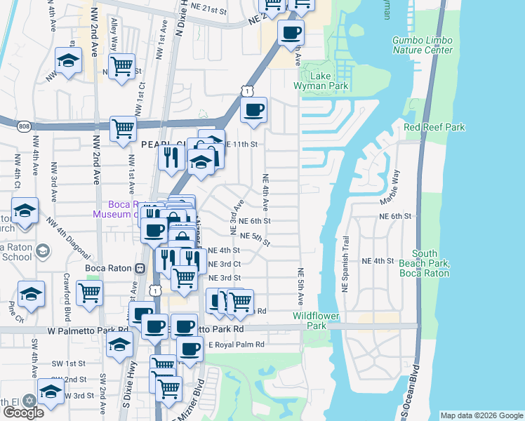 map of restaurants, bars, coffee shops, grocery stores, and more near 365 Northeast 6th Street in Boca Raton