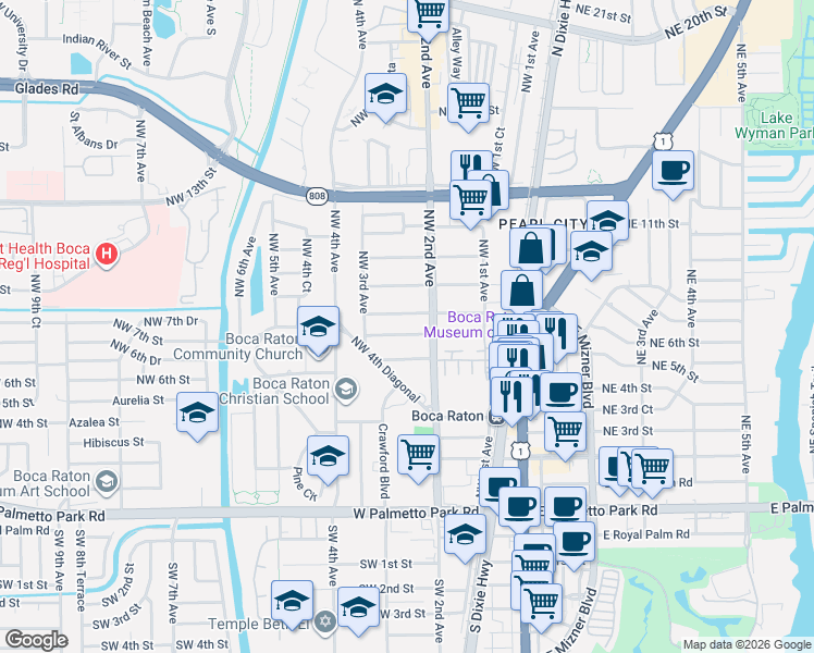 map of restaurants, bars, coffee shops, grocery stores, and more near 236 Northwest 7th Street in Boca Raton