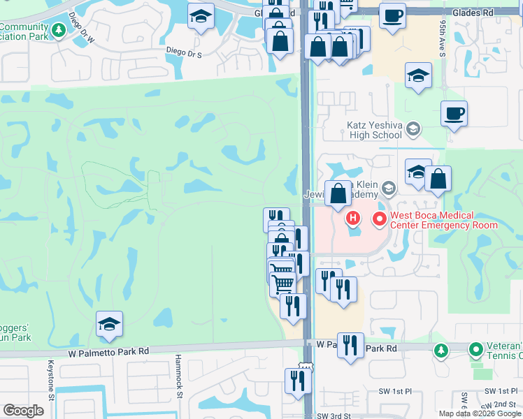 map of restaurants, bars, coffee shops, grocery stores, and more near 10214 Boca Woods Lane in Boca Raton