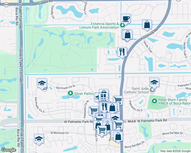 map of restaurants, bars, coffee shops, grocery stores, and more near 7304 San Sebastian Drive in Boca Raton