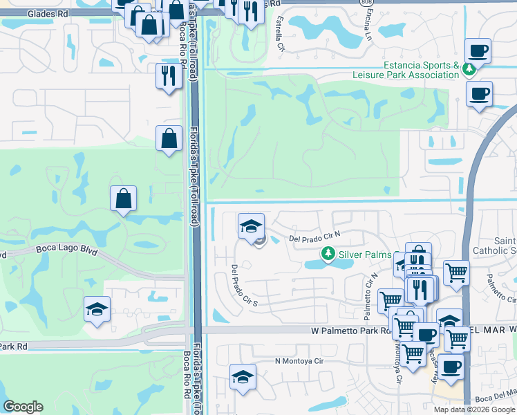 map of restaurants, bars, coffee shops, grocery stores, and more near 7747 Villa Nova Drive in Boca Raton