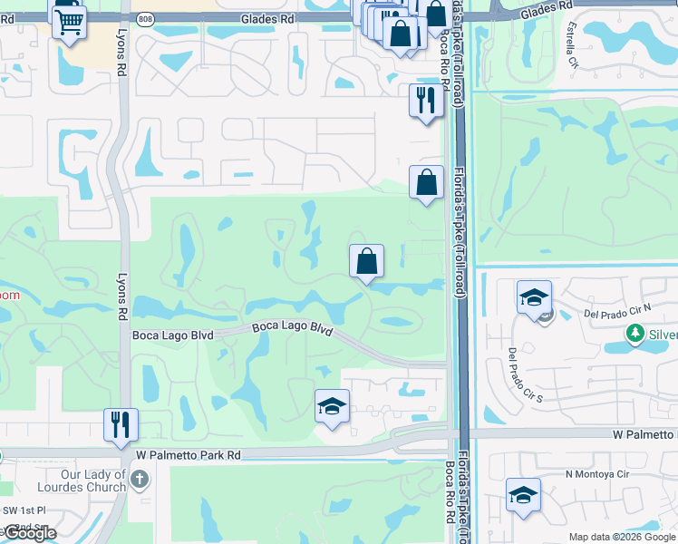 map of restaurants, bars, coffee shops, grocery stores, and more near 8310 Casa Del Lago in Boca Raton