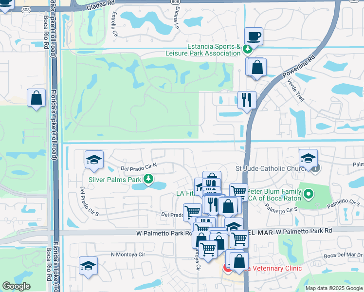 map of restaurants, bars, coffee shops, grocery stores, and more near 21572 San Lorenzo Avenue in Boca Raton